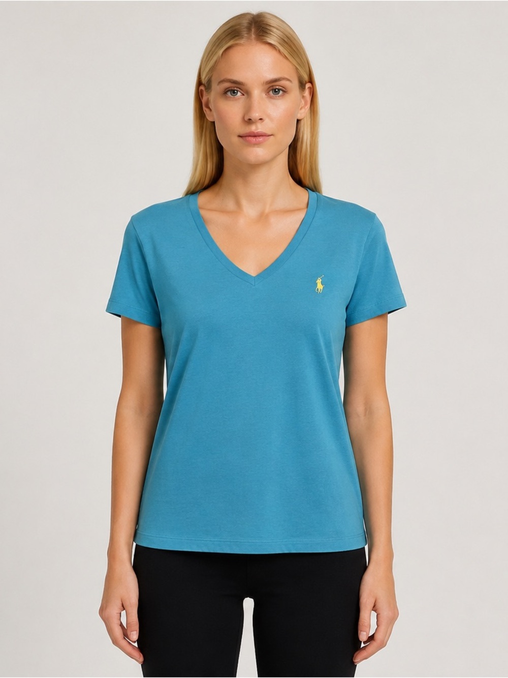 Ralph Lauren Sport V-Neck Teal Blue Polo 100% Cotton T-Shirt Size Large